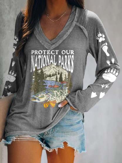 Women's Protect Our National Parks Print V Neck T-Shirt