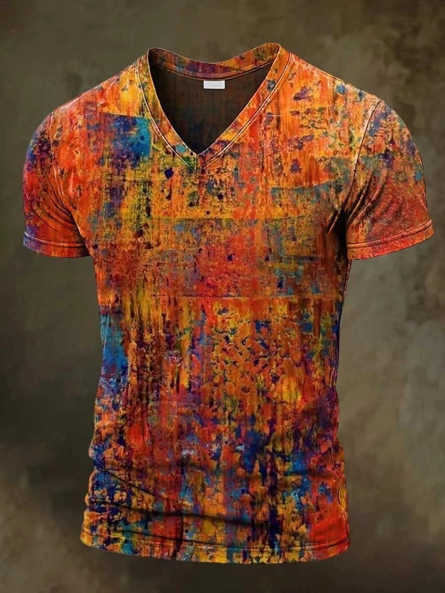 Retro Abstrct Art Print Casaul Short Sleeve V-neck T-shirt