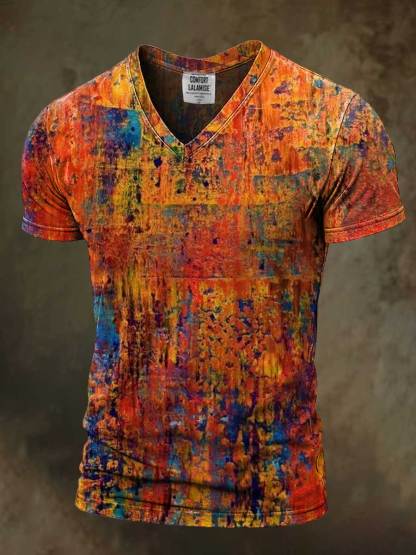 Retro Abstrct Art Print Casaul Short Sleeve V-neck T-shirt