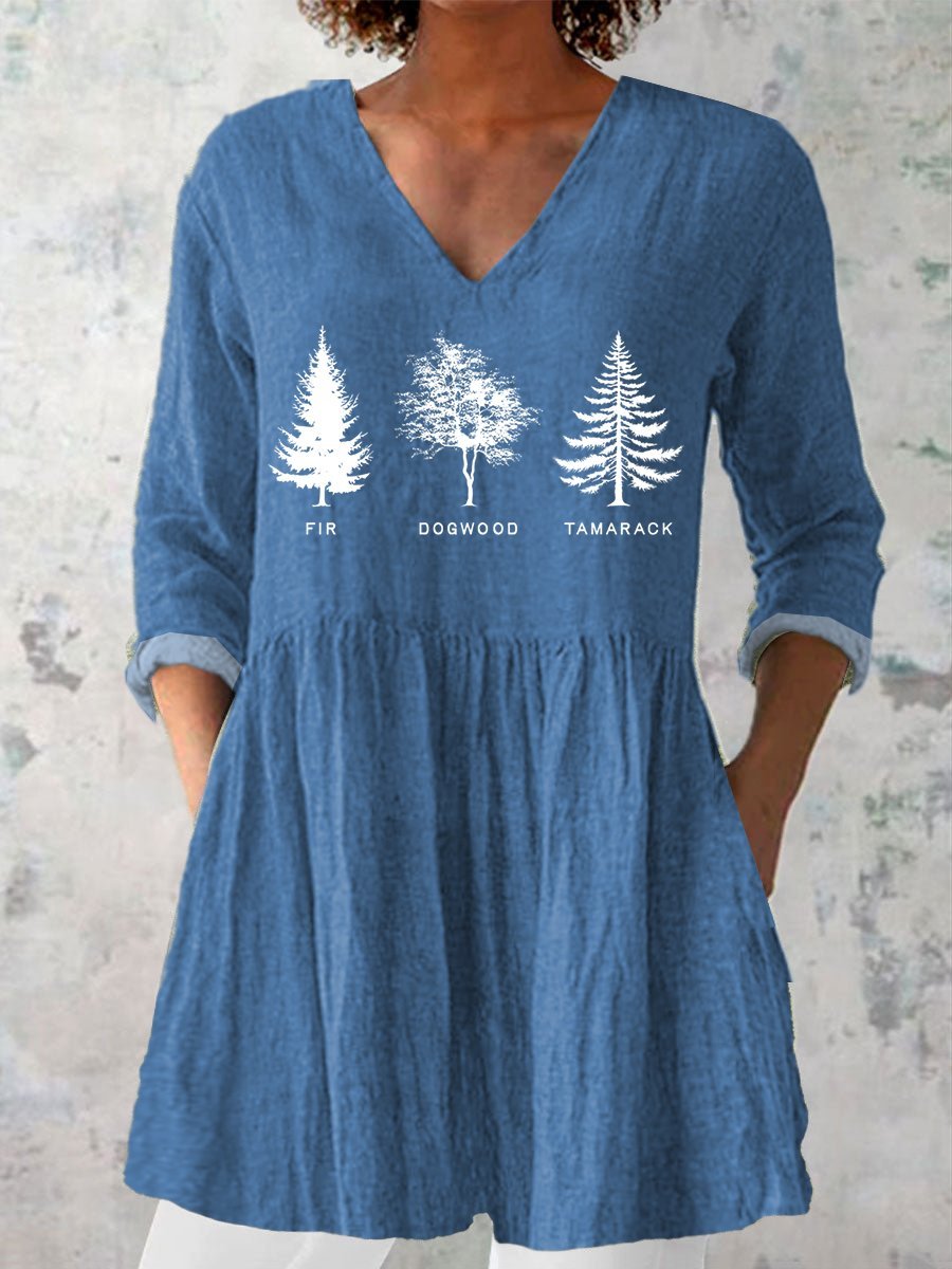 Women's Casual Tree Fdt Printed Cotton And Linen Top
