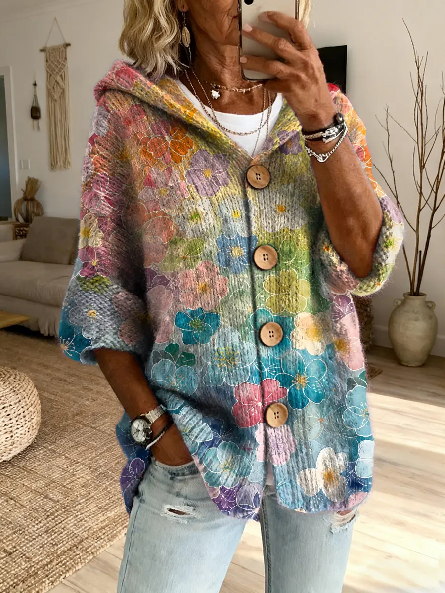 Ethnicity Colorful Flowers Women's Art Print Casual Hooded Cardigan Sweater