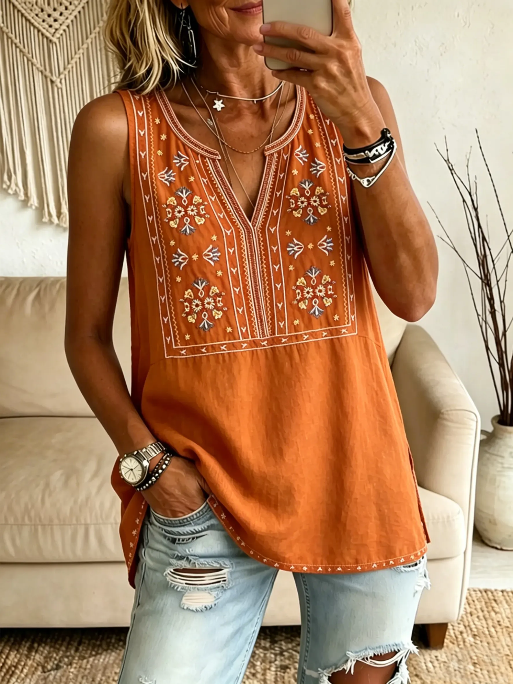Women's Ethnic Geometric Floral V-Neck Sleeveless Tank Top