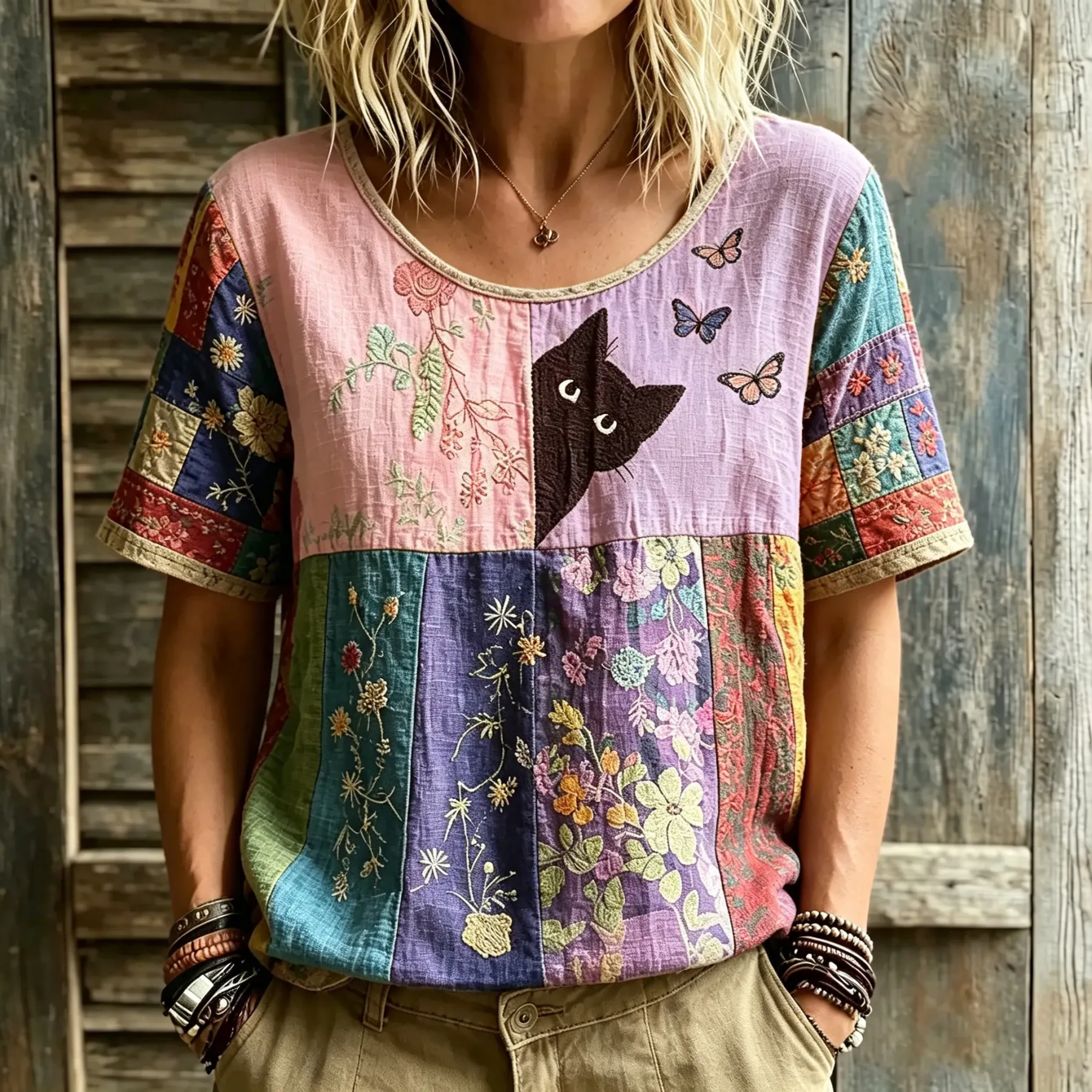 Women's Hippie Black Cat Art Embroidered Linen Blend Round Neck Tshirt
