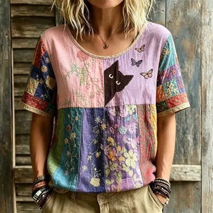 Women's Hippie Black Cat Art Embroidered Linen Blend Round Neck Tshirt