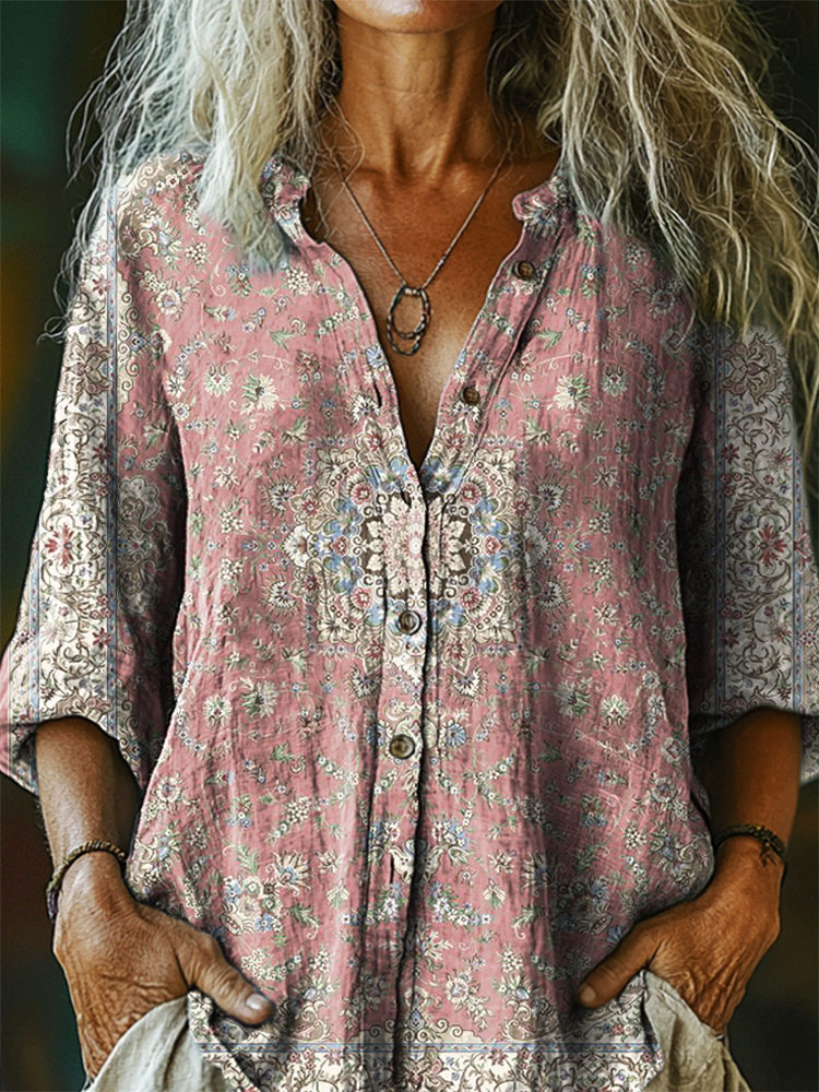 Women's Vintage Ethnic Style Tattoo Pattern Art Print Casual Cotton Linen Shirt