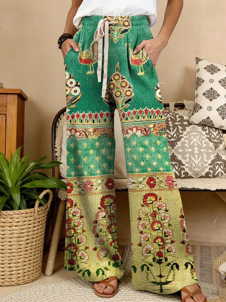 Women's Retro Ethnic Floral Collage Art Print Comfortable Drawstring Knit Trousers