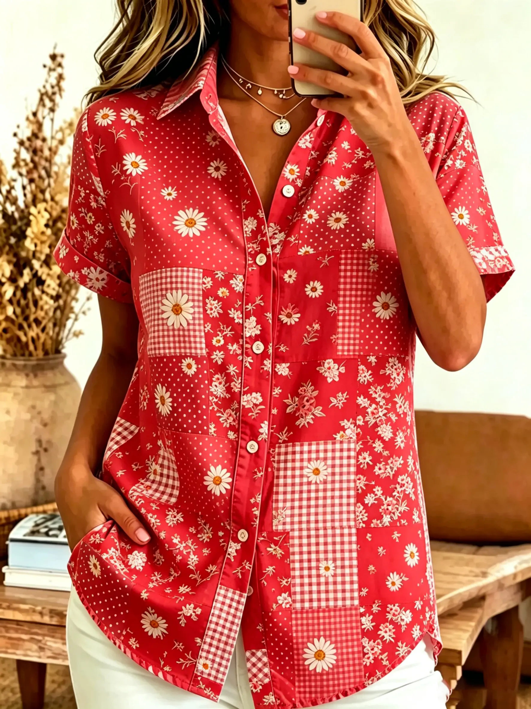 Women's Patchwork Floral & Gingham Print Cotton Short Sleeve Button-Down Shirt