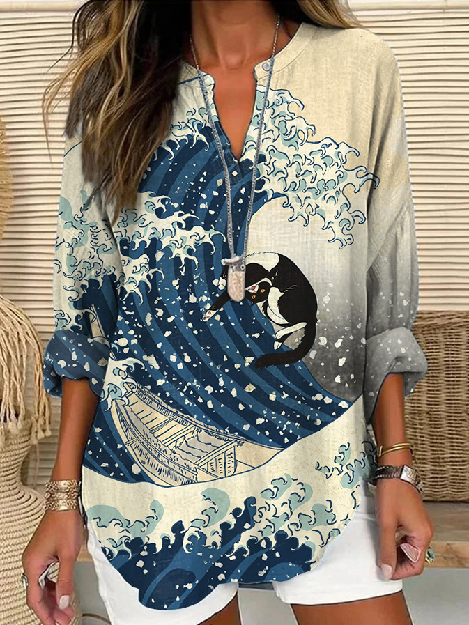 Women's Ukiyoe Bicolor Cat Surfing Print Linen V-neck Shirt