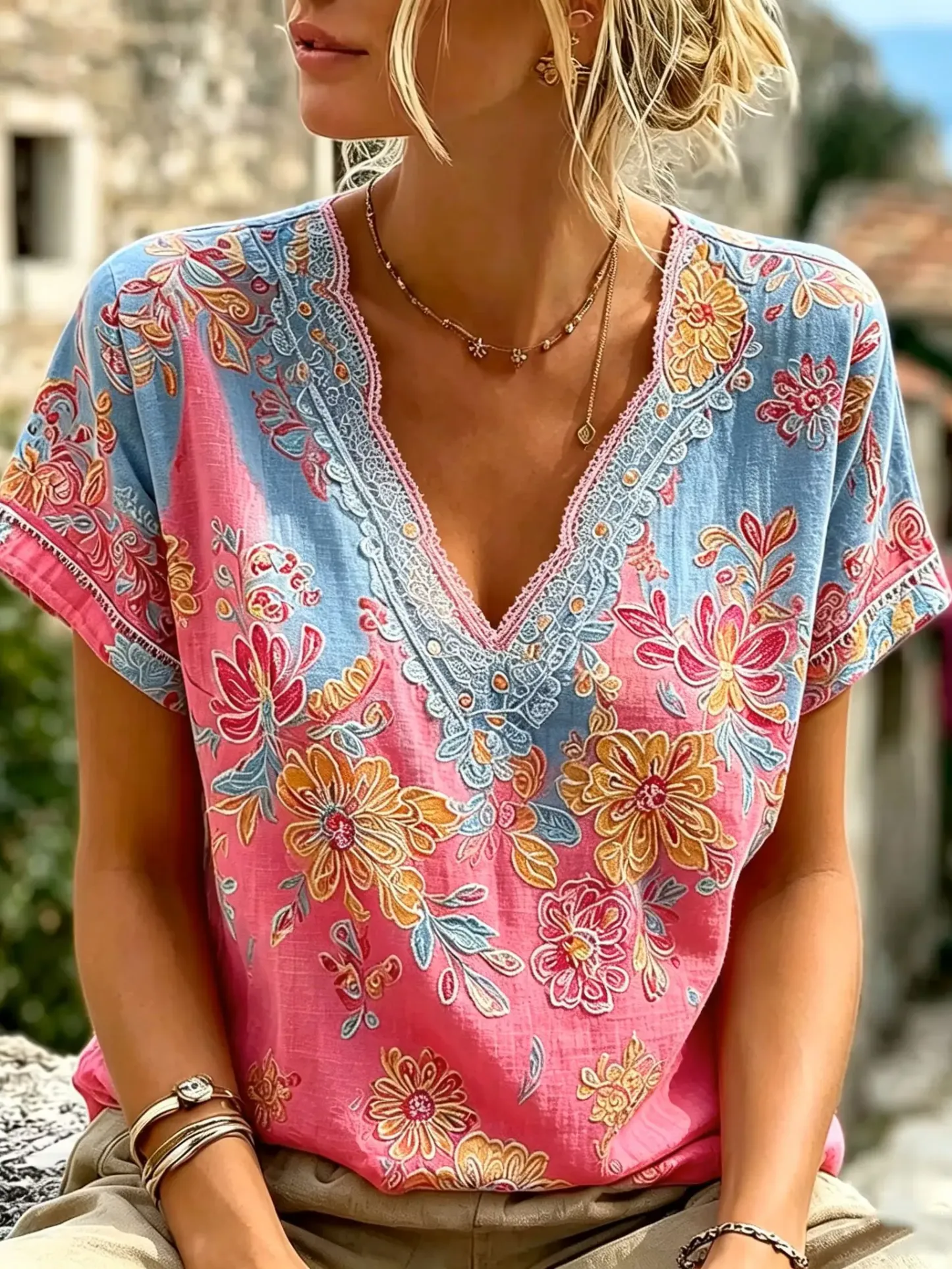 Women's Boho Floral Print Cotton V-Neck Top