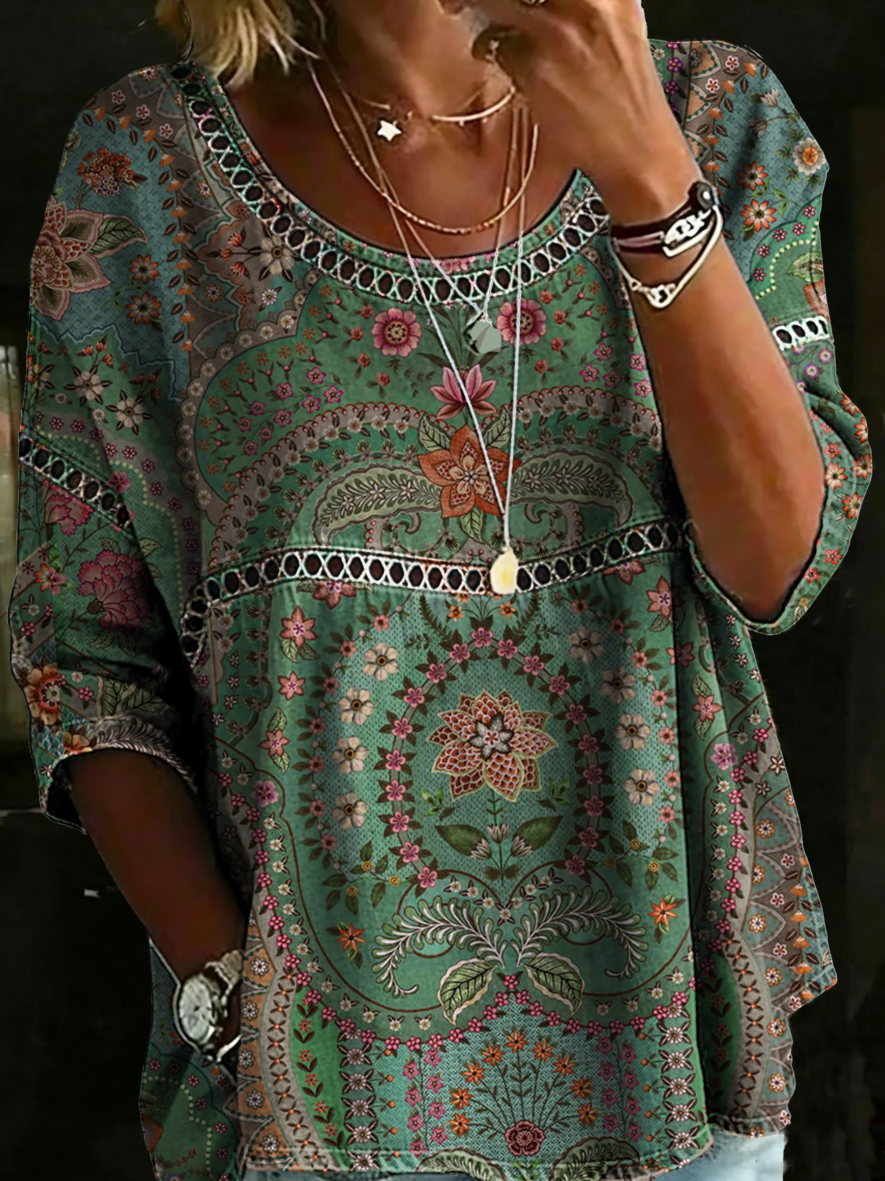 Women's Vintage Ethnic Floral Art Print Casual Hollow Shirt