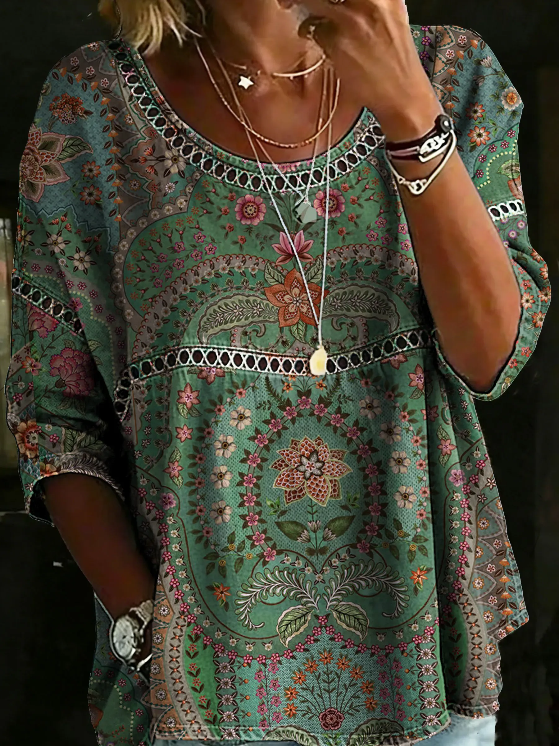 Women's Vintage Ethnic Floral Art Print Casual Hollow Shirt