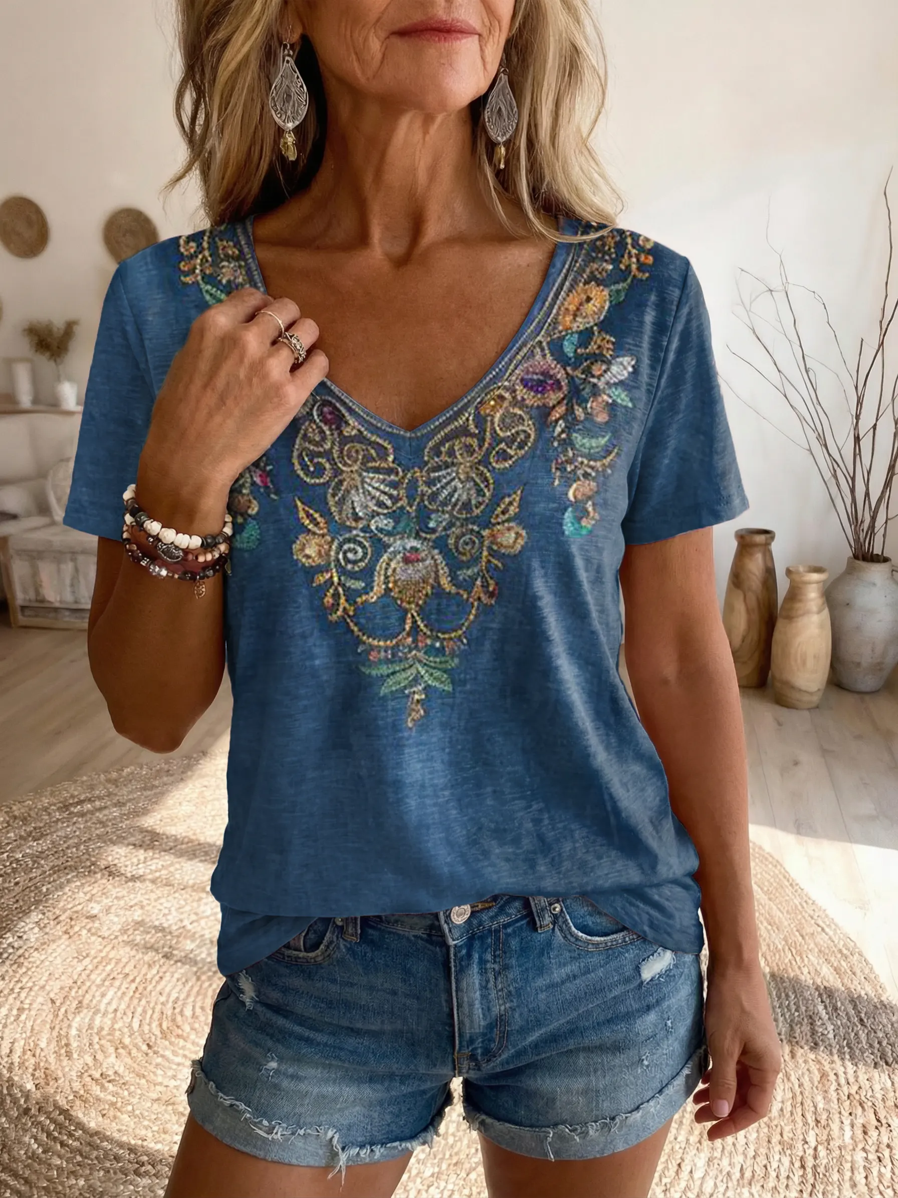Women's Bohemian Ethnic Floral Art Print V-Neck Casual T-Shirt