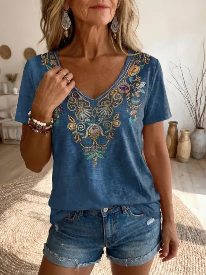 Women's Bohemian Ethnic Floral Art Print V-Neck Casual T-Shirt