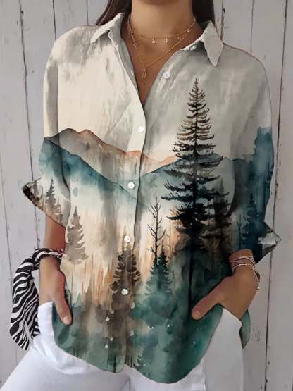 Women's National Park Forest Plants Animals Art Print Casual V Neck T-Shirt