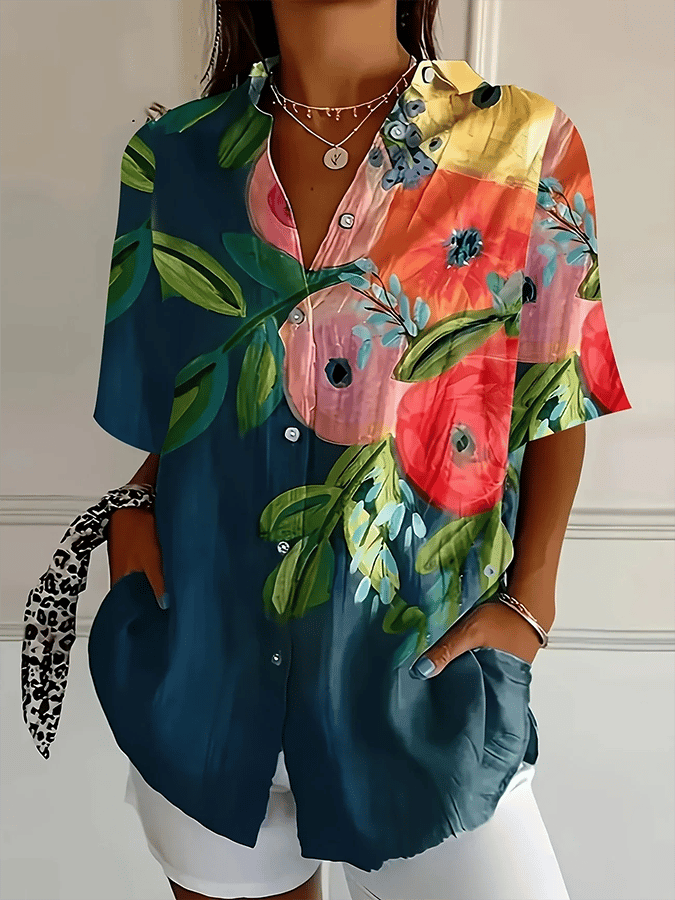Women's Forest Floral Print Lapel Mid-Sleeve Casual Shirt
