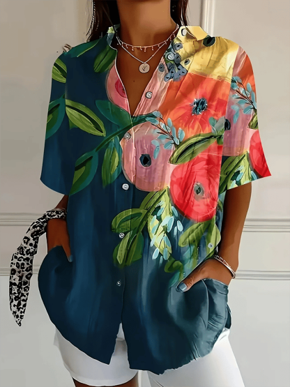 Women's Forest Floral Print Lapel Mid-Sleeve Casual Shirt