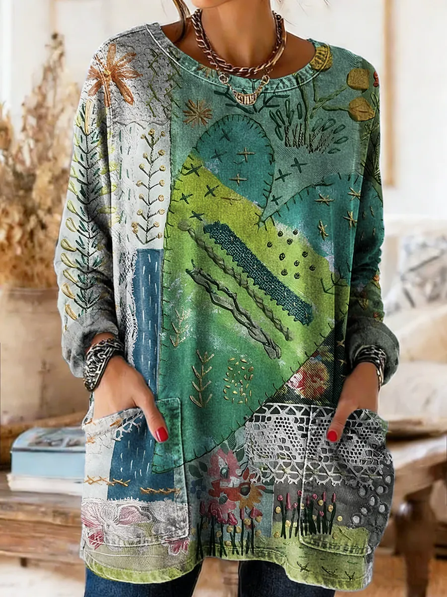 Women's Retro Heart Art Print Casual Long Sleeve Round Neck Pocket Was