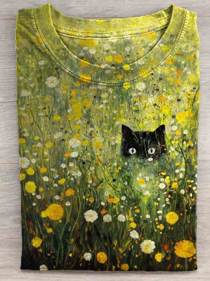Black Cat Among The Flowers In Spring Art Print T-shirt