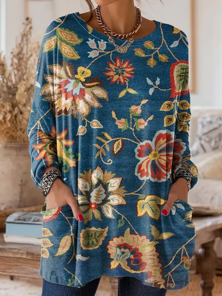 Women's Vintage Ethnic Floral Art Print Casual Long-sleeve T-shirt