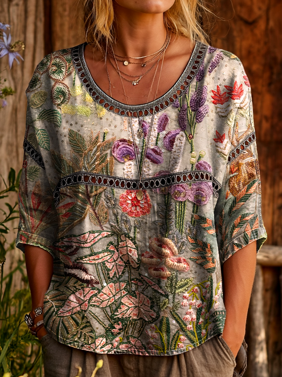 Womens Vintage Ethnic Floral Art Prints Casual Round Neck Cutout Top