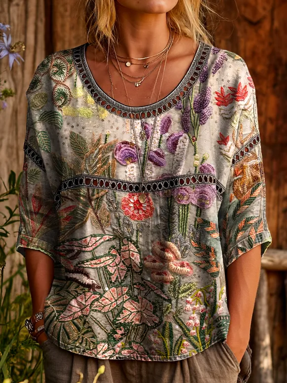 Womens Vintage Ethnic Floral Art Prints Casual Round Neck Cutout Top