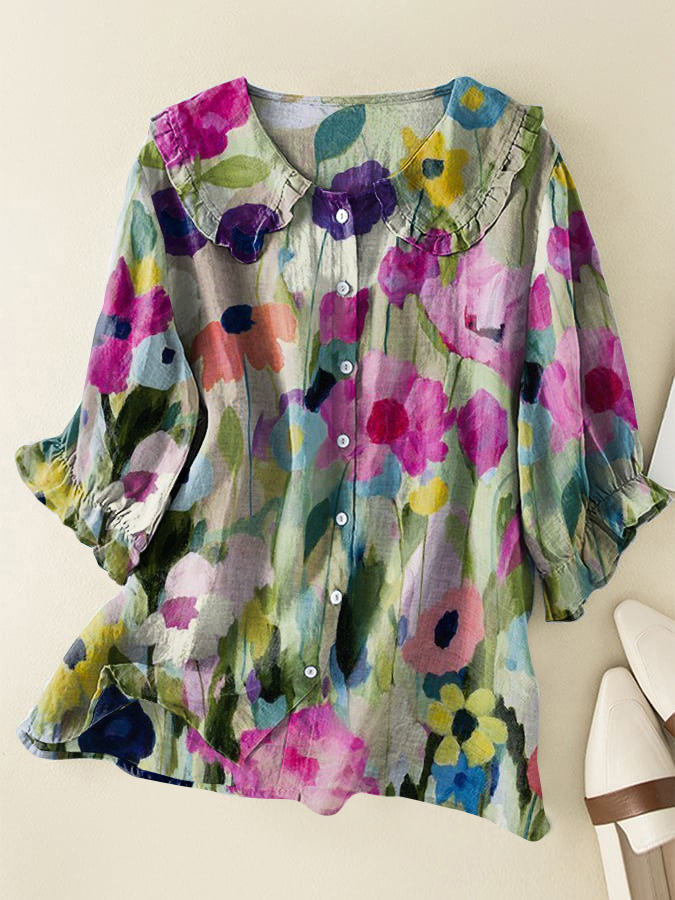 Vintage Floral Cotton and Linen Peter Pan Ruffle Collar Shirt