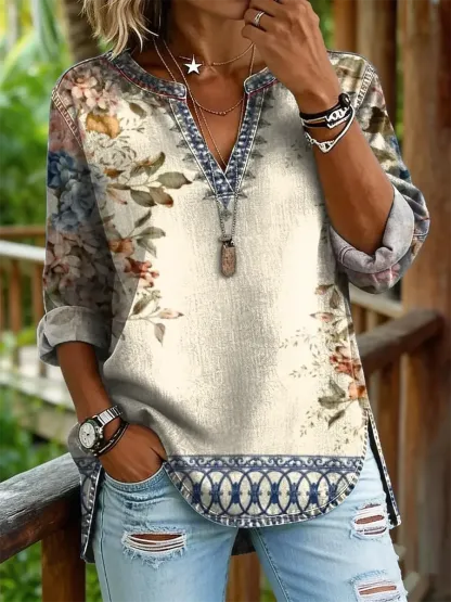 Women's Floral Art Print Casual V-neck Washed Cotton Denim Shirt