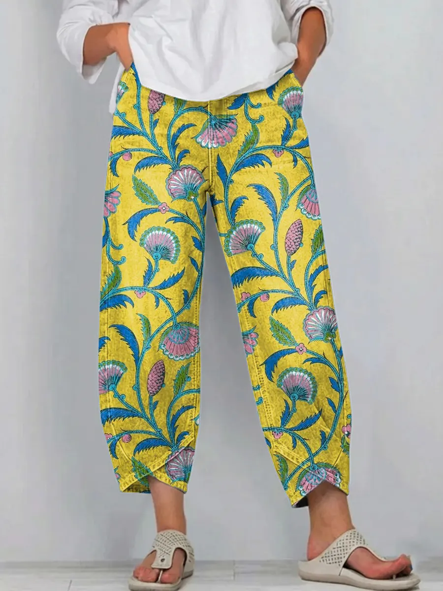 Ethnicity Retro Flowers Women's Art Pattern Print Casual Denim Cotton Pants