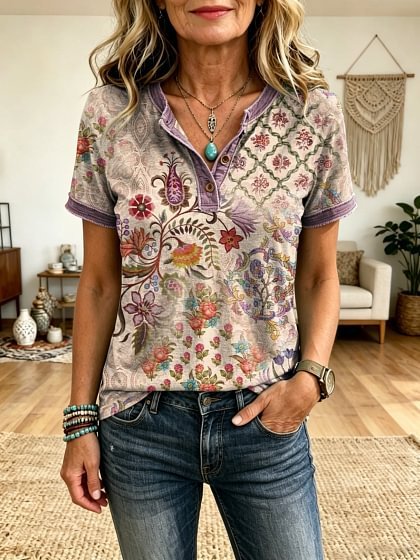 Women's Retro Casual Floral Cotton and Linen Top
