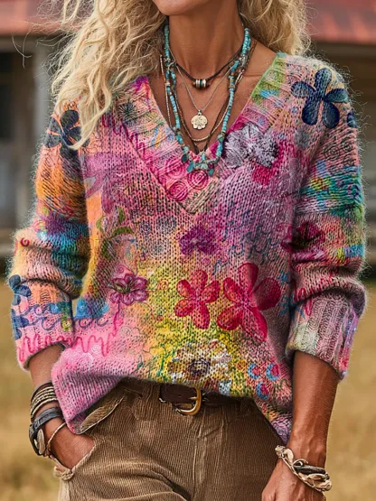 Unisex Colorful Floral Art Print Casual Long-Sleeve V-Neck Wool Blend Knit Sweater
