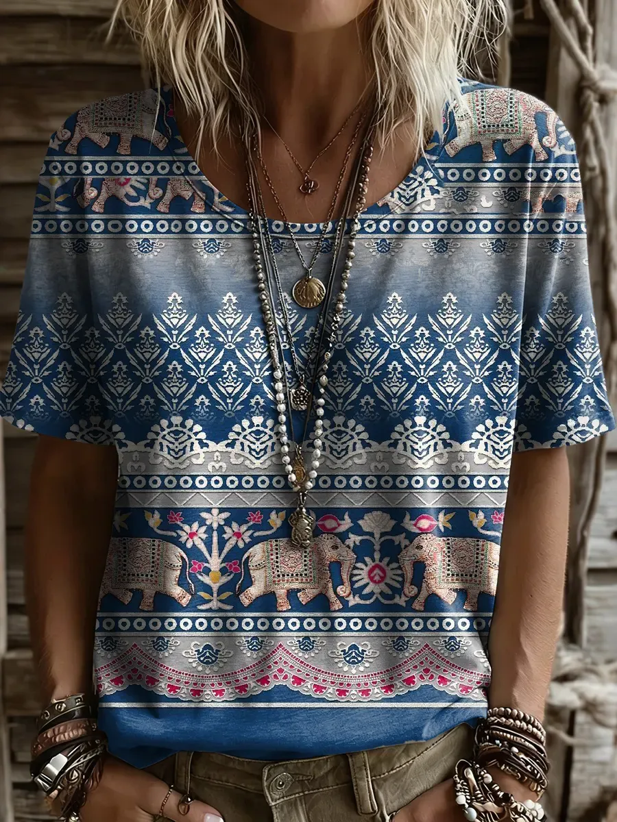 Women's Ethnic Elephant And Floral Print Artistic Round-neck Short-sleeve T-shirt