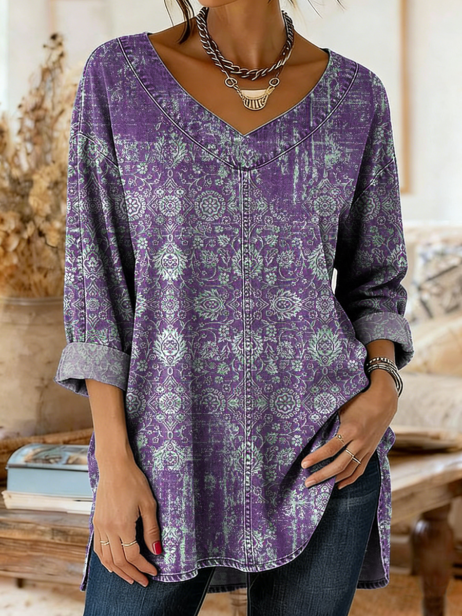 Women's Ethnic Purple Art Print Casual V-neck Long Sleeve Washed Denim Shirt