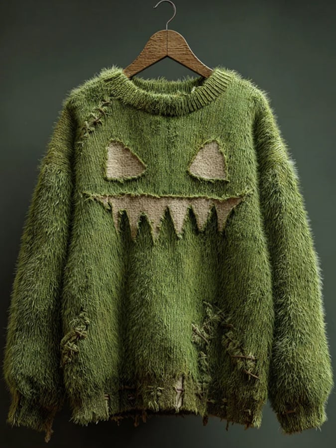 Women's Halloween spooky face print knitted sweater