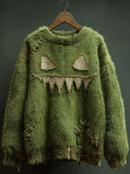 Women's Halloween spooky face print knitted sweater