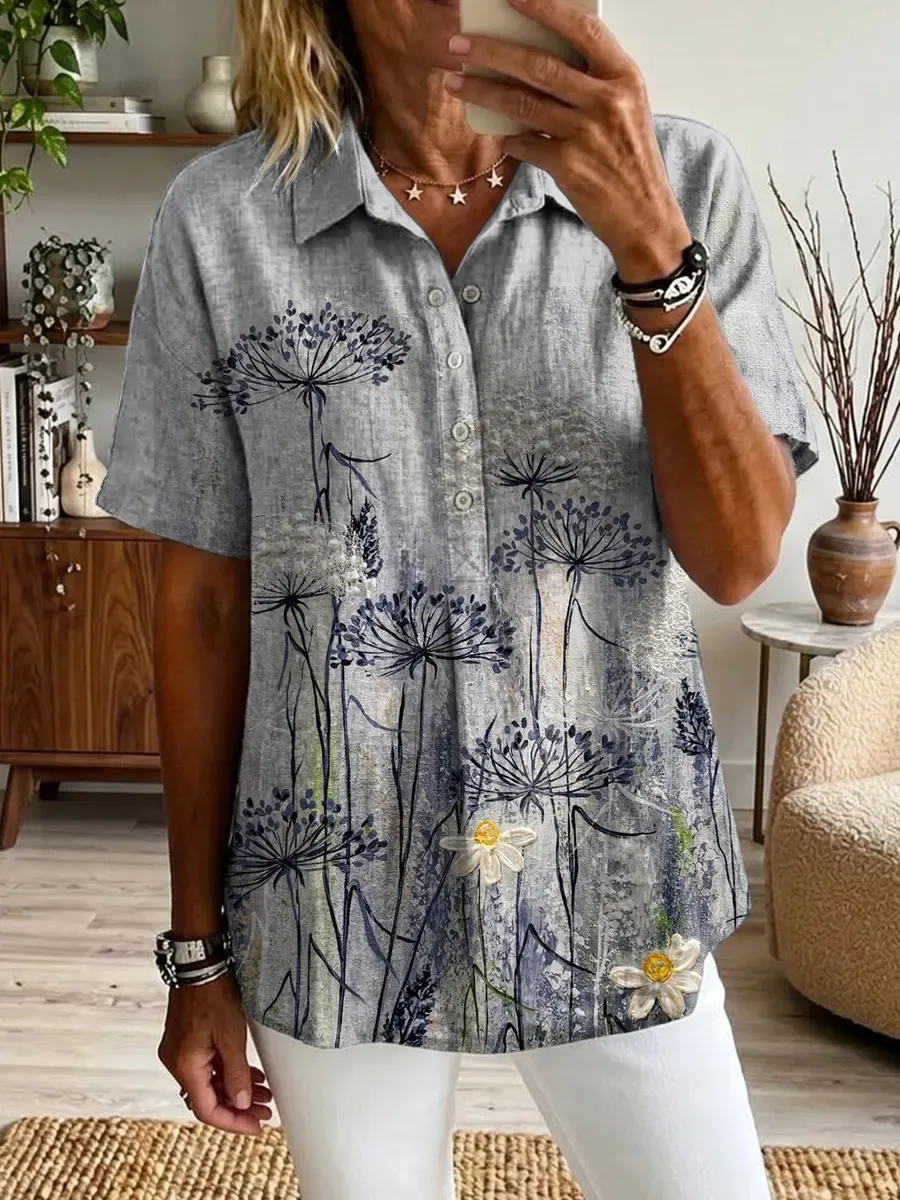 Ethnicity Bohemian Style Flowers Women's Art Print Casual Short-sleeve Cotton Linen Shirt