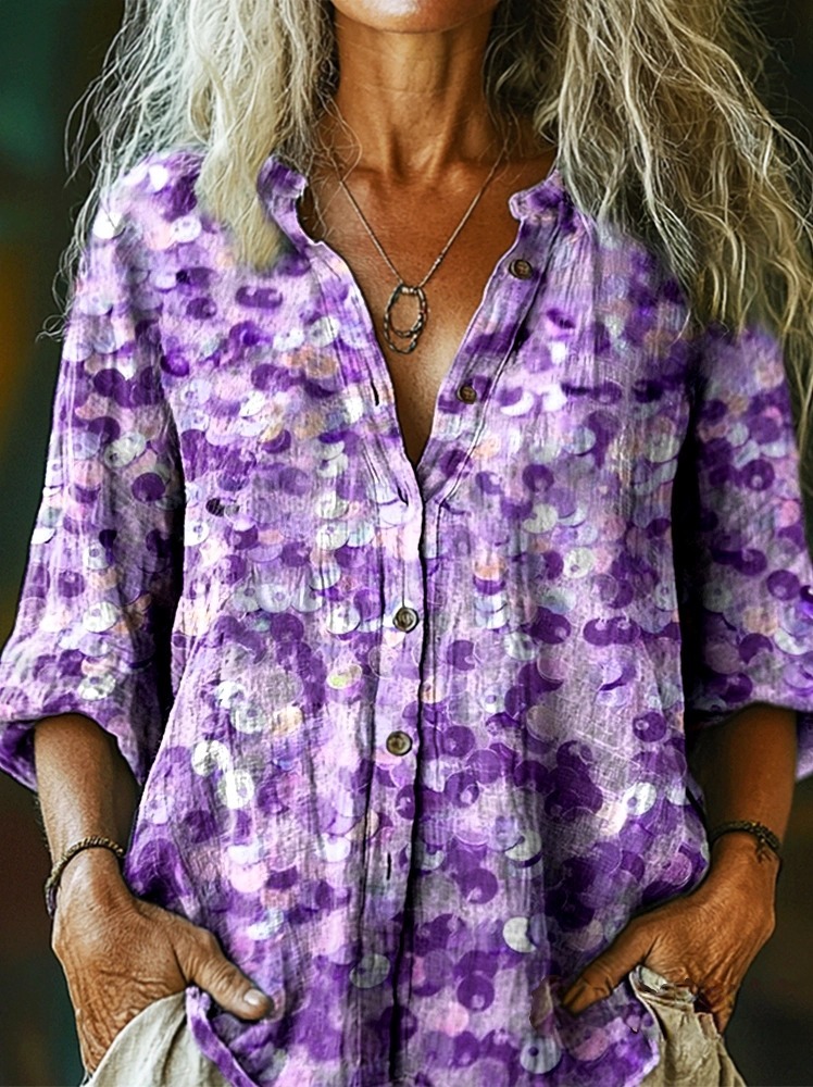 Women's Vintage Purple Sequin Print Casual Cotton Linen Shirt