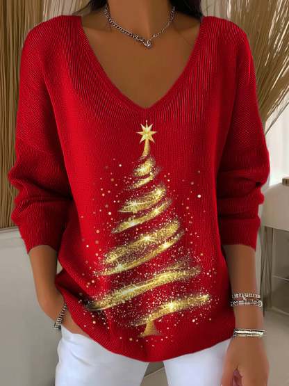 V-Neck Retro Christmas Golden Christmas Tree Print Knitwear Tops