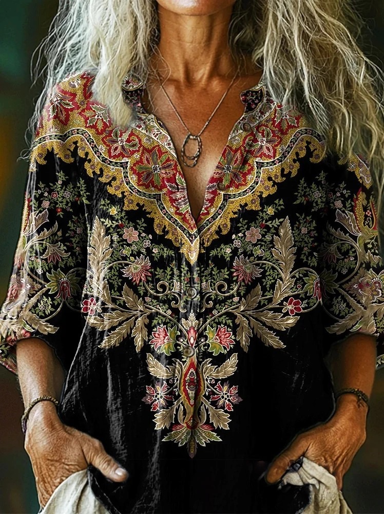 Women's Ethnic Totem Flowers Art Print Casual V Neck Pullover Sweater