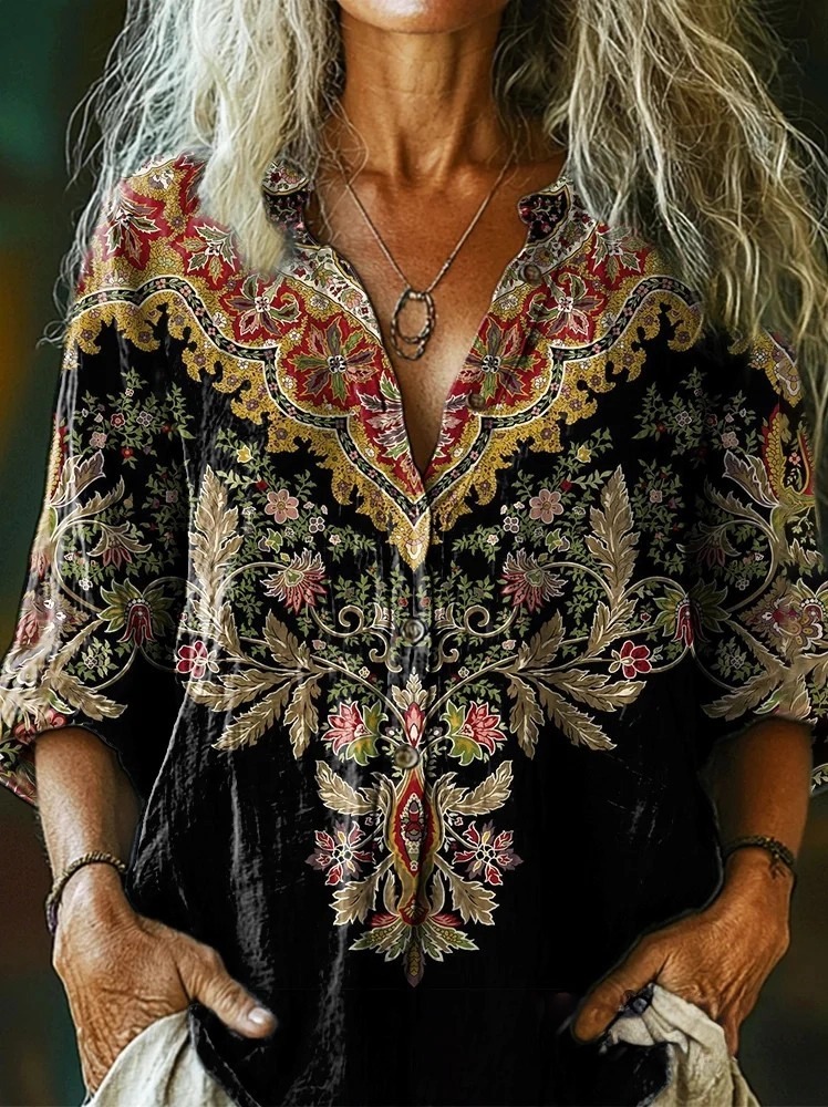 Women's Ethnic Totem Flowers Art Print Casual V Neck Pullover Sweater