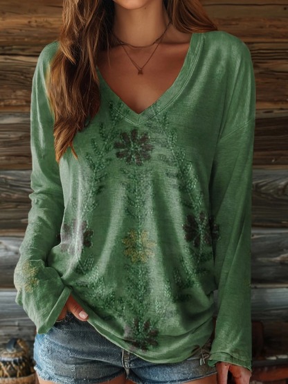 Women's Bohemian Floral Art Print Casual V-neck Long Sleeve T-shirt