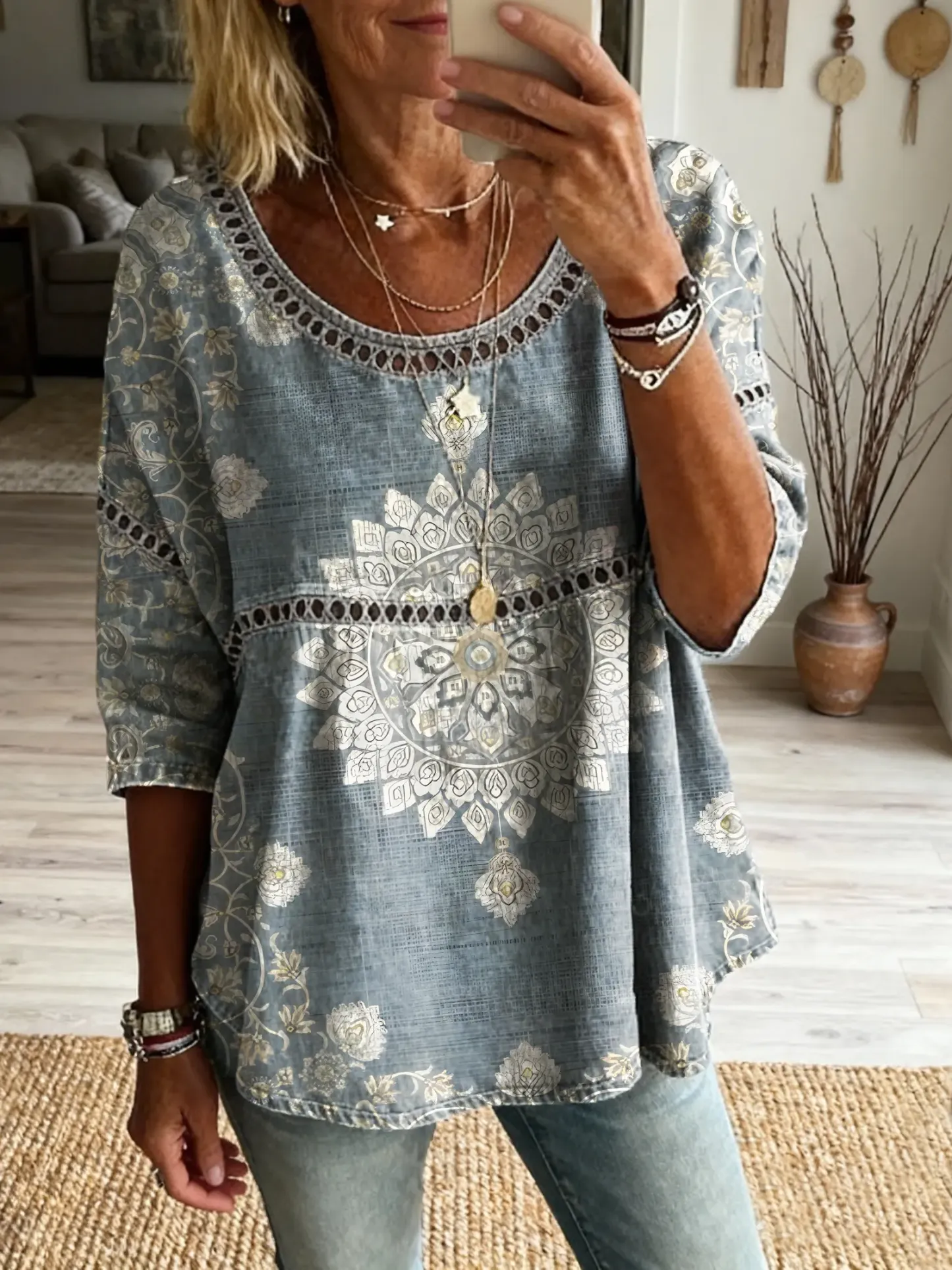 Ethnicity Light Blue Totem Women's Vintage Art Print Casual Round Neck Cutout Top