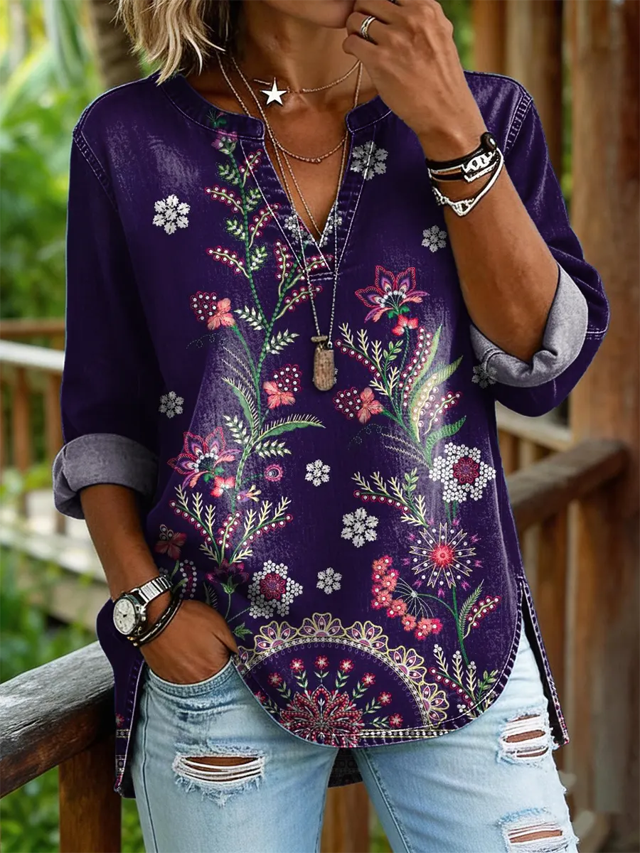 Women's Floral Art Print Casual V-neck Washed Cotton Denim Shirt