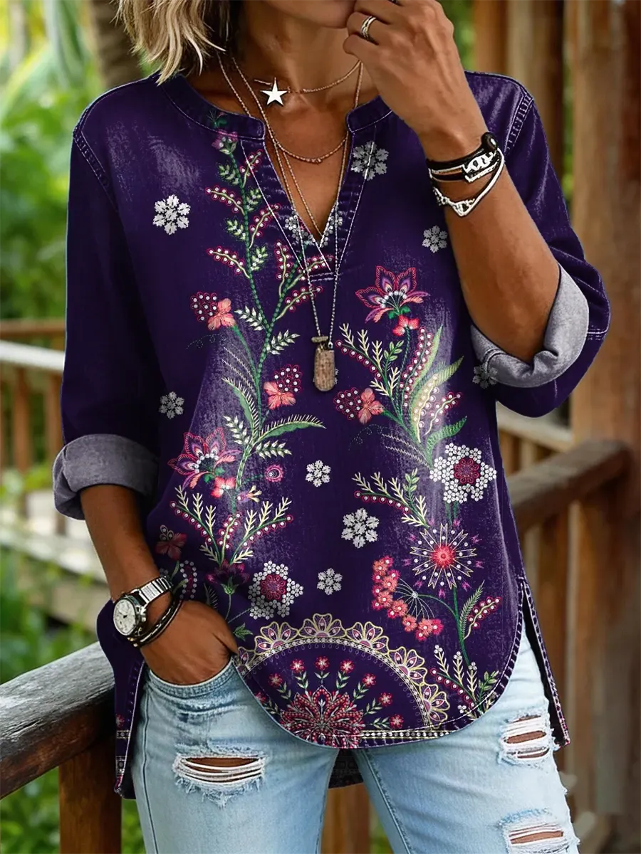 Women's Floral Art Print Casual V-neck Washed Cotton Denim Shirt