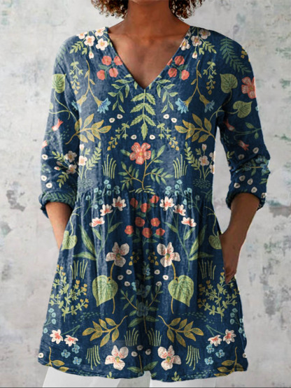 Women's Vintage Lovely Floral Art Print Casual Linen V-neck Shirt