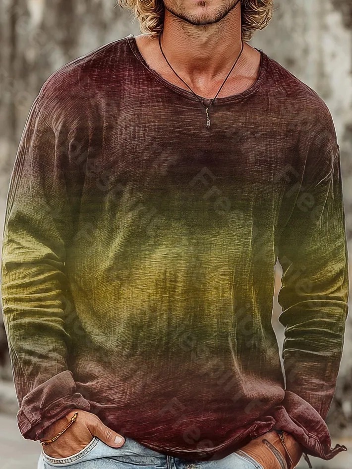 Men's Vintage Brown-Green Gradient Art Print Casual Cotton Crew Neck L