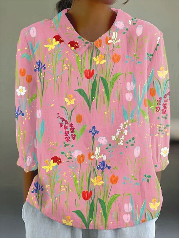 Women's Vintage Flowers Print Casual Linen V-neck Shirt