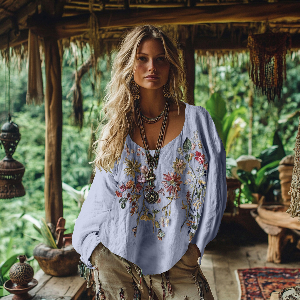 Retro Bohemian Floral Embroidery Art Graphics Cotton And Linen Blend Loose Blouse