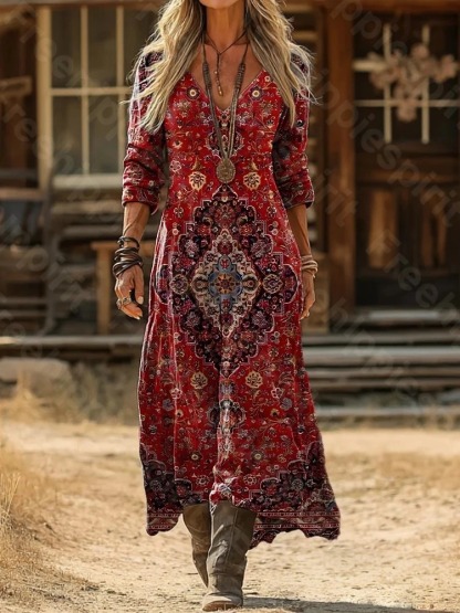 Vintage Ethnic Pattern Art Print Pocket Cotton Dress