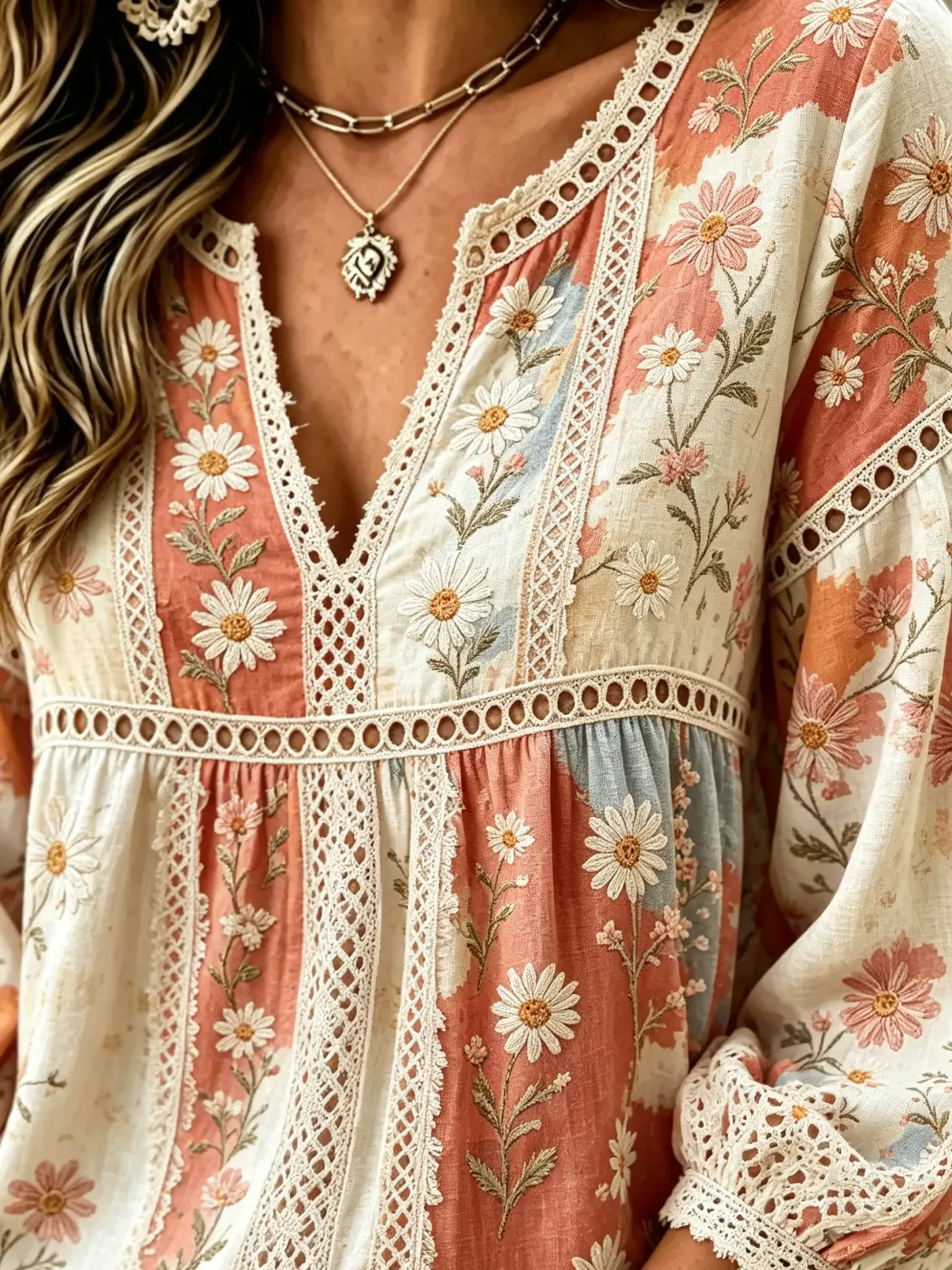 Women's Daisy Floral Print Lace Cotton Blouse