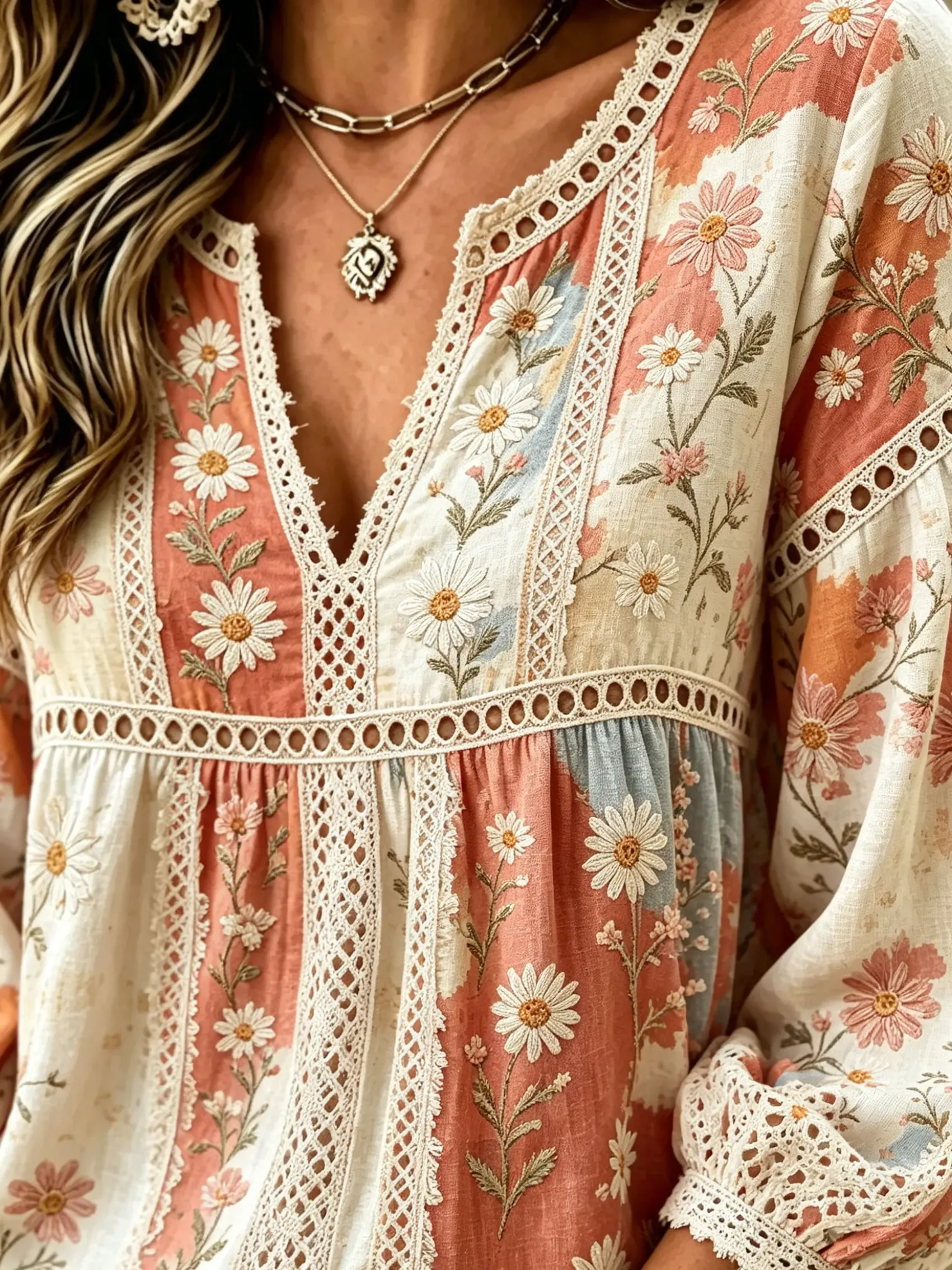 Women's Daisy Floral Print Lace Cotton Blouse